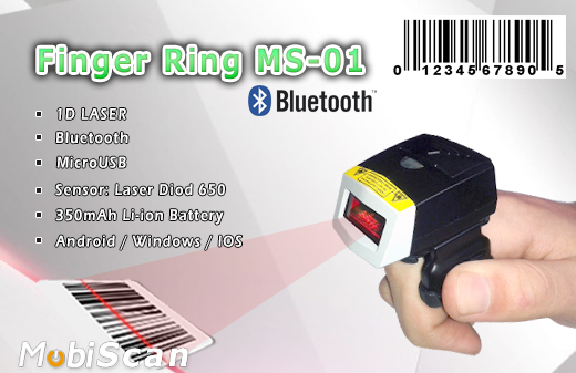 MobiScan FingerRing MS01 Bluetooth MOBISCAN MS-01 Skaner 1D Bezprzewodowy Bluetooth 2.0 Porczny piecie MobiSCAN  Kompatybilny Windows Android IOS mobilator.pl New Portable Devices Mobilne Skanery kodw kreskowych MINI