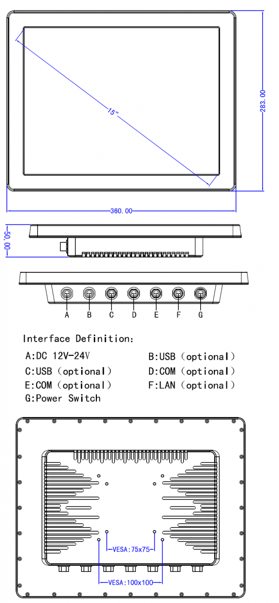 Wzmocniony 15-calowy wodoodporny (IP68) komputer (panel) dla przemysu