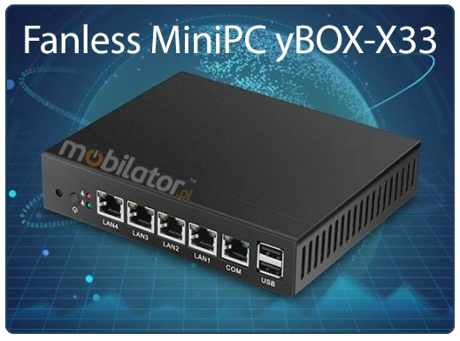 Wzmocniony Bezwentylatorowy Komputer Przemysowy z 4-ema kartami sieciowymi LAN - MiniPC yBOX-X33 - J1900 vga intel mobilator wzmocniony szybki 4x lan rj45