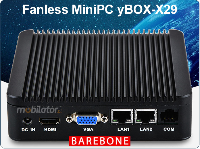 Odporny Komputer przemysowy bezwentylatorowy z 2-oma kartami sieciowymi LAN - MiniPC yBOX-X29(2LAN)-J1900 Barebone vga intel mobilator wzmocniony szybki 2x lan rj45