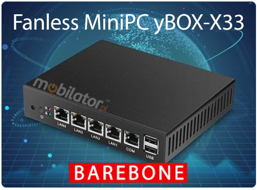 Wzmocniony Bezwentylatorowy Komputer Przemysowy z 4-ema kartami sieciowymi LAN - MiniPC yBOX-X33 - J1800 Barebone vga intel mobilator wzmocniony szybki 4x lan rj45