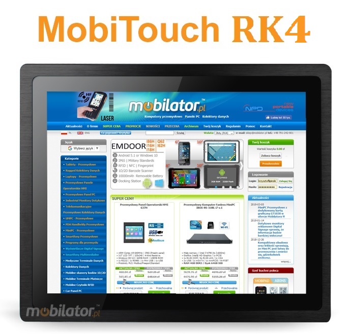 MobiTouch 7RK4 - wzmocniony bezwentylatorowy Panel komputerowy 7-mio calowy z systemem Android 7.1, norm IP65 na front obudowy, zcza: COM*1, HDMI*1, USB*2, 1*RJ45, DC12V, Audio*1, SD