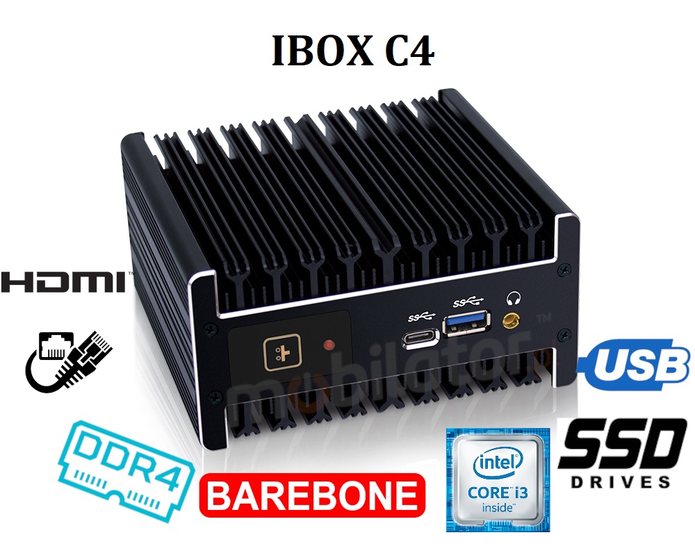 IBOX C4 v.1 - Wytrzymay miniPC z procesorem Intel Core i3, zczami 1x USB 3.0, 1x Audio, 1x c-Typ, 1xmini DP i RJ-45 LAN