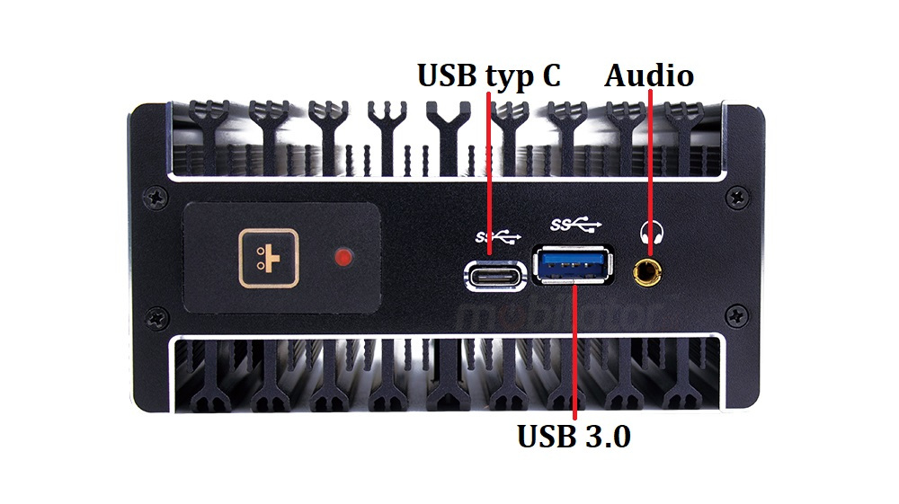widok z przodu miniPC, wejcie audio, wejcie USB typu C