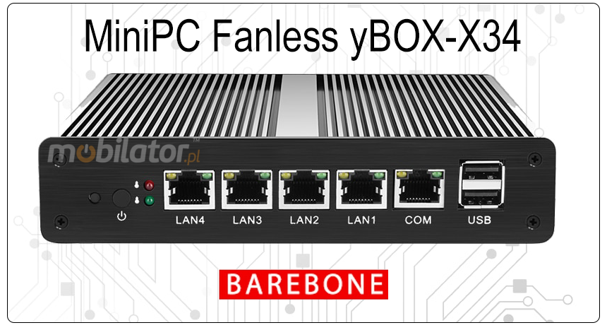 Wzmocniony Bezwentylatorowy Komputer Przemysowy z 4-ema kartami sieciowymi LAN - MiniPC yBOX-X34 - J1800 Barebone vga intel mobilator wzmocniony szybki 4x lan rj45