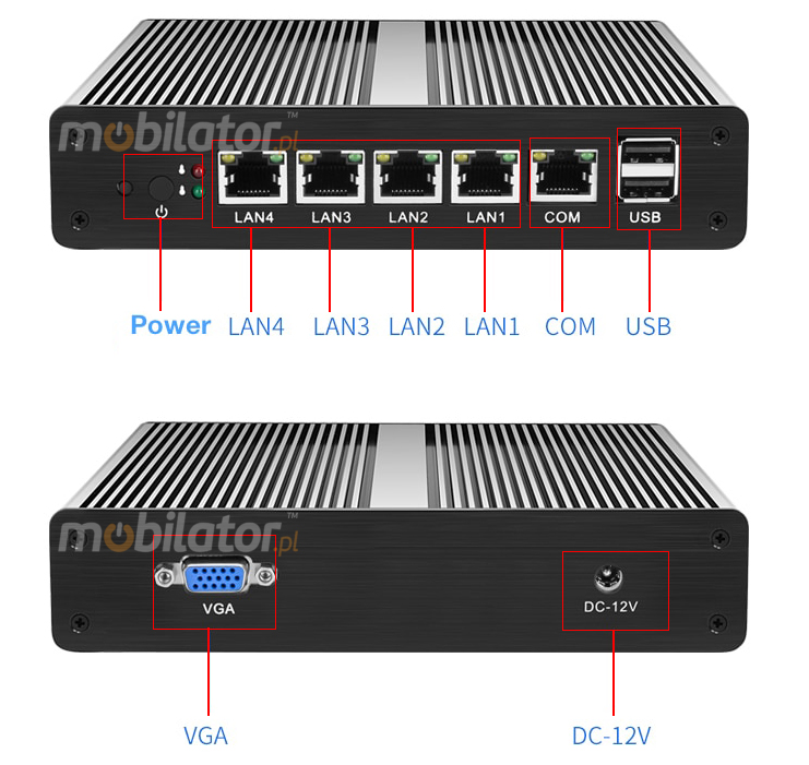 Wzmocniony Bezwentylatorowy Komputer Przemysowy z 4-ema kartami sieciowymi LAN - MiniPC yBOX-X34 - J1900 2x usb 2.0 vga intel mobilator zlacza szybki 4x lan rj45