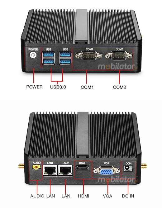 Wzmocniony mini Komputer Przemysowy Fanless MiniPC yBOX GX30 - 3805Uv.1 zlacza hdmi vga 1gb/s com rs232 mobilator szybki 2 lan rj45