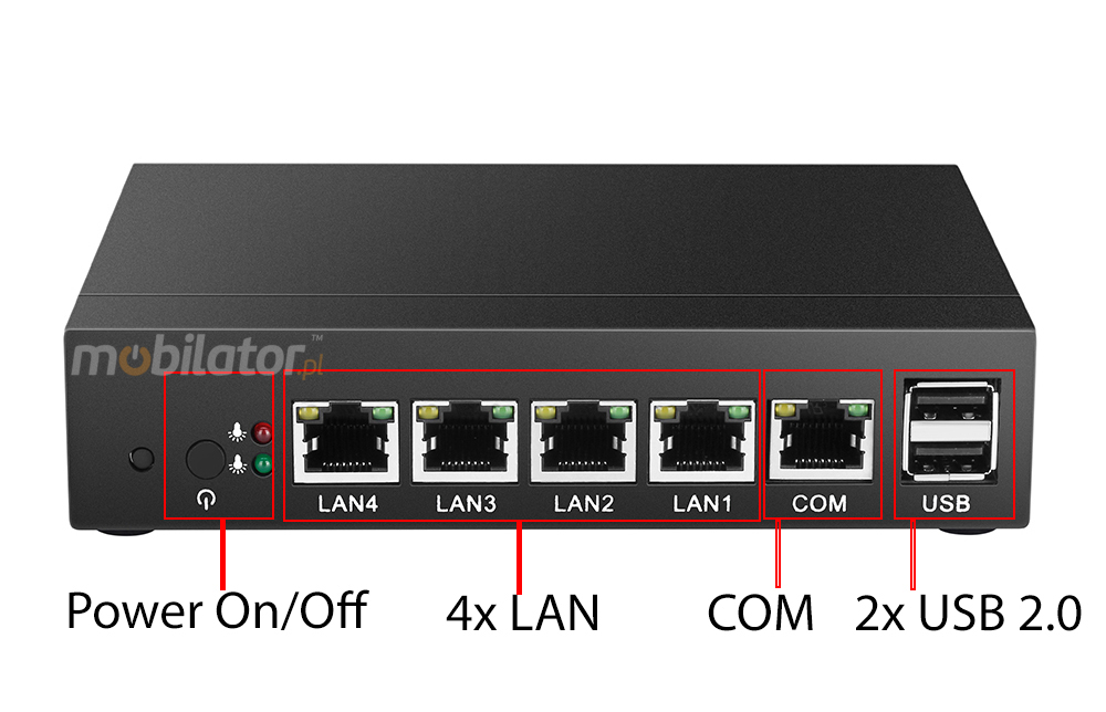 Wzmocniony Bezwentylatorowy Komputer Przemysowy z 4-ema kartami sieciowymi LAN - MiniPC yBOX-X33 - J1900 2x usb 2.0 vga intel mobilator zlacza szybki 4x lan rj45