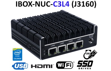 IBOX-NUC-C3L4 (J3160) v.2 - Komputer przemysowy z bezwentylatorow obudow oraz czterema kartami sieciowymi