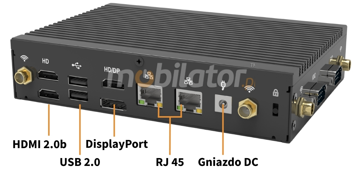 Mobi PAD nBOX MD12-V2 złącza z tyłu mini komputera: HDMI2.0b/USB2.0/RJ45/gniazdo dc