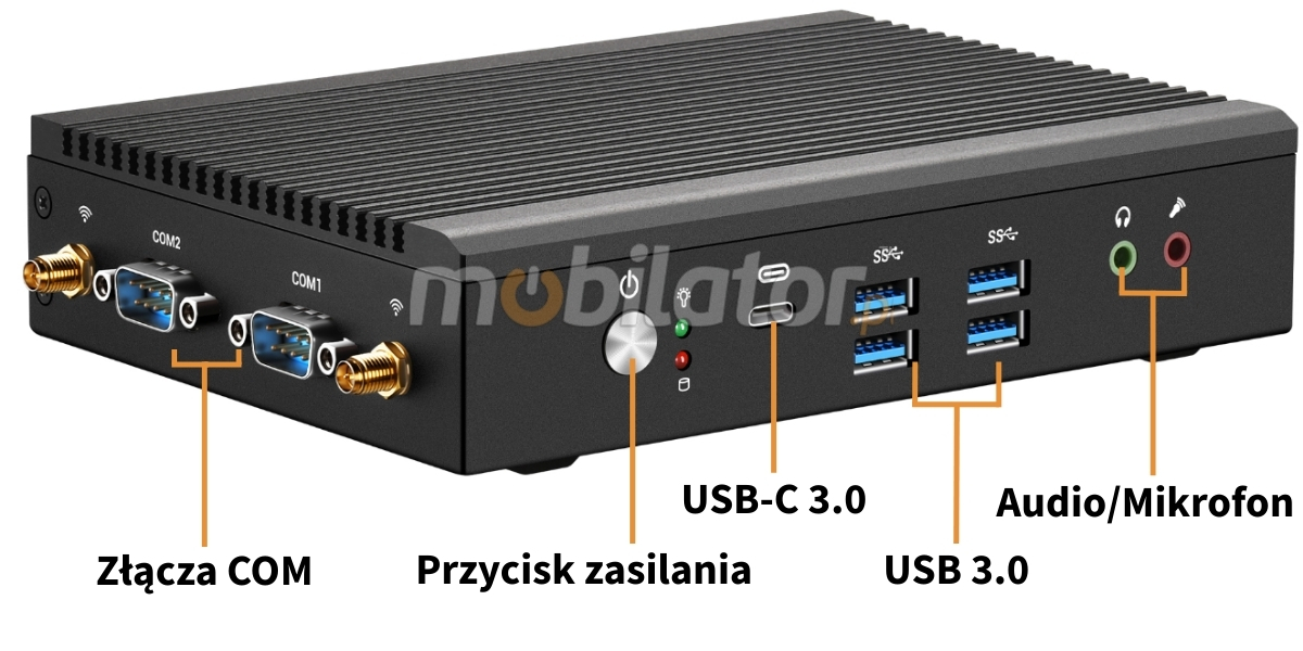 Mobi PAD nBOX MD12-V2 przyciski oraz złącza przedniej oraz bocznej części miniPC