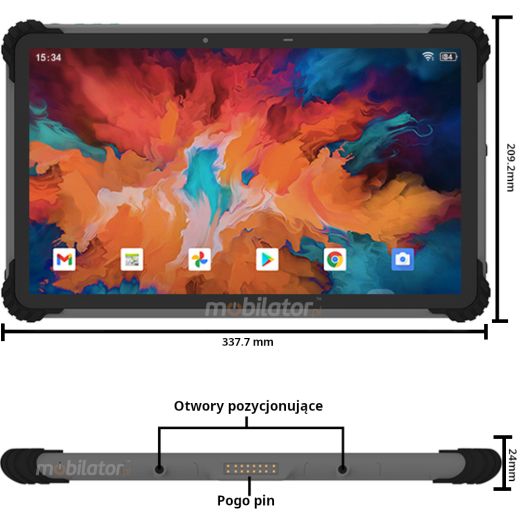 Rozpisane przyciski i wymiary tabletu MobiPad T1300-A8
