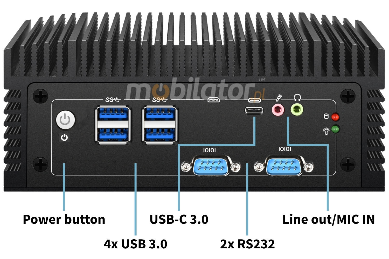 Mobi PAD nBOX MC8F-4C2L front panel of an ergonomic mini computer
