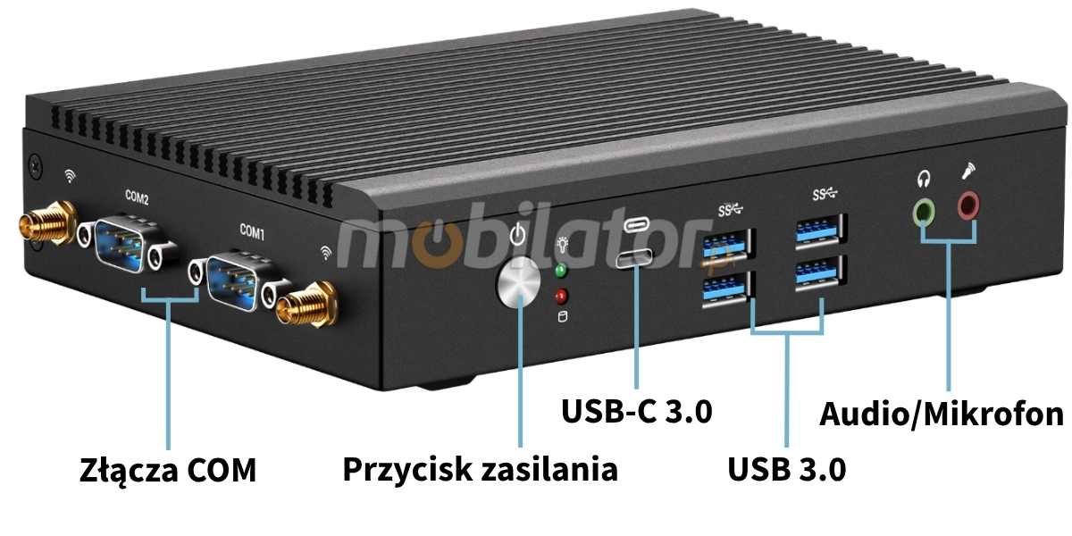 Mobi PAD nBOX MD12-V2-I5U przyciski, złącza przedniej i bocznej obudowy nowoczesnego mini Komputera