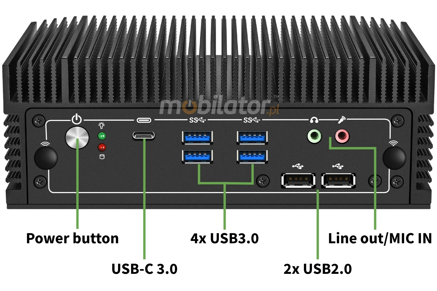 MobiPAD nBOX MK12-V2-I7 buttons and connectors of the front of the miniPC