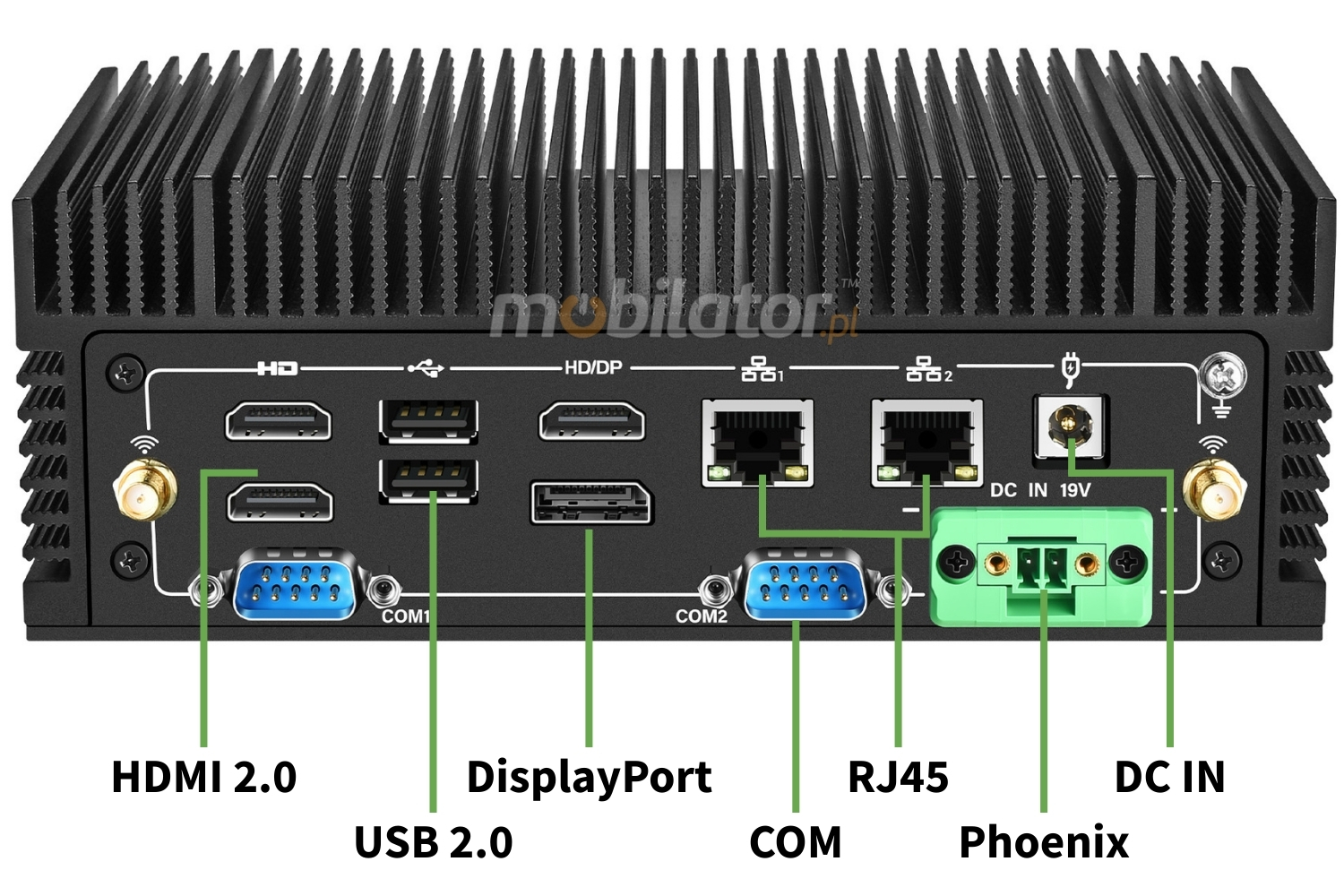 MobiPAD nBOX MK12-V2-I7 connectors on the back of the solid miniPC: HDMI/USB/COM/RJ45