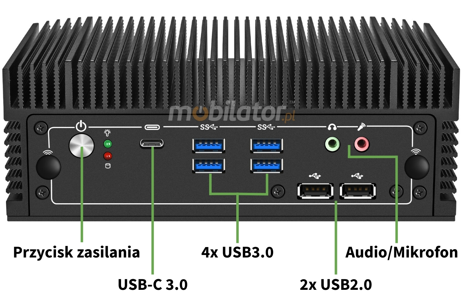 Mobi PAD nBOX MK12-V2-I7 przyciski oraz złącza przedniej części miniPC