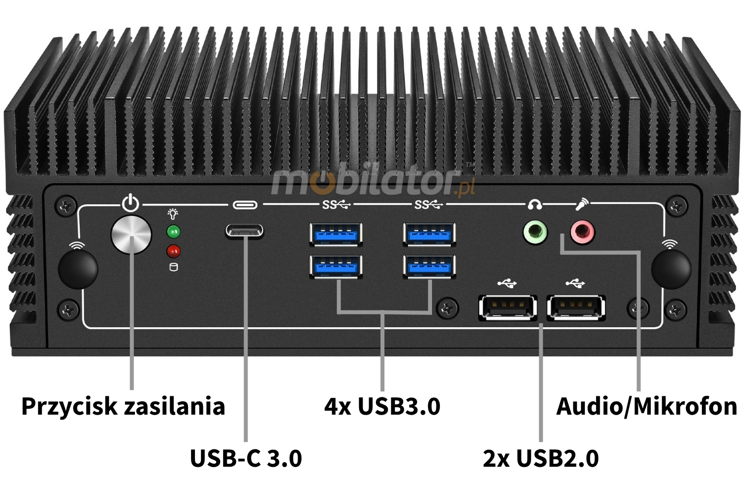 Mobi PAD nBOX MK12-V2 złącza z przodu oraz przycisk zasilania