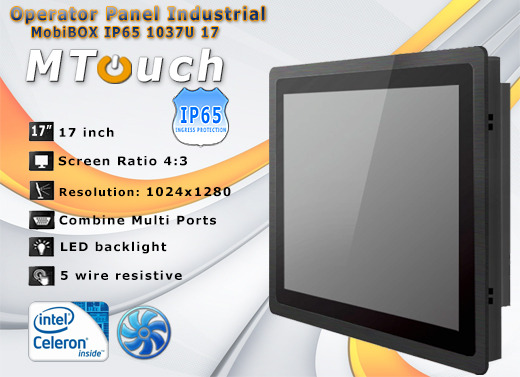 MTouch Operatorski Panel Przemyslowy MobiBOX IP65 1037U 17 Komputer panelowy Panel PC  Przemysłowy komputer panelowy Ekran rezystancyjny 5 wire resistive wyświetlacz 17 cali mobilator.pl New Portable Devices Windows RS-232 COM VGA HDMI Intel Celeron 