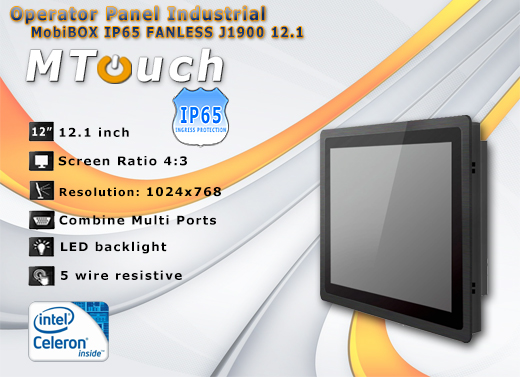 MTouch Operatorski Panel Przemyslowy MobiBOX IP65 Fanless 1900 12.1 Komputer panelowy Panel PC  Przemysłowy komputer panelowy Ekran rezystancyjny 5 wire resistive wyświetlacz 12.1 cali mobilator.pl New Portable Devices Windows RS-232 COM VGA HDMI Intel Celeron 