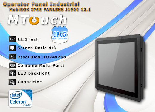 MTouch Operatorski Panel Przemyslowy MobiBOX IP65 Fanless 1900 12.1 Komputer panelowy Panel PC  Przemysłowy komputer panelowy Ekran pojemnościowy capacitive wyświetlacz 12.1 cali mobilator.pl New Portable Devices Windows RS-232 COM VGA HDMI Intel Celeron 