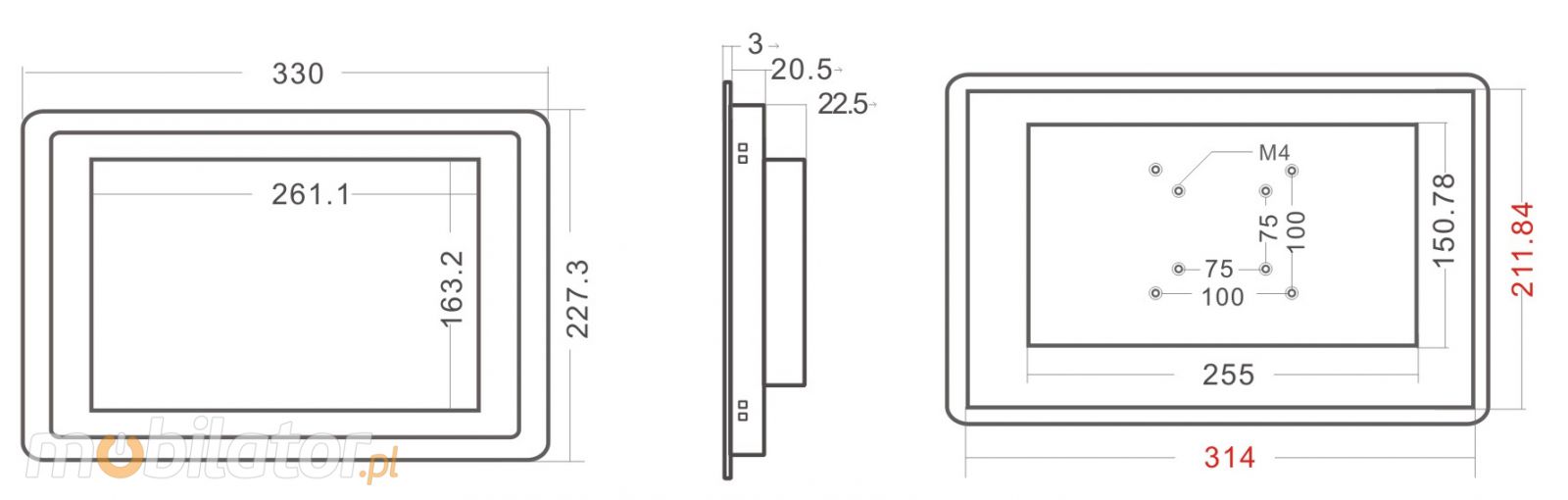 MoTouch 12.1 WIDE -  Industrial Monitor with IP65 on front cover capacitive 12.1 LED mobilator.pl New Portable Devices DVI VGA HDMI