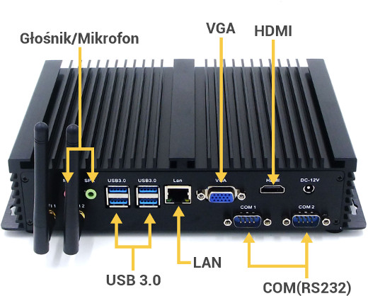 Przemysłowy Industrial Komputer Fanless MiniPC RS232 USB 3.0 COM LAN RJ-45 HDMI VGA Mini Computer