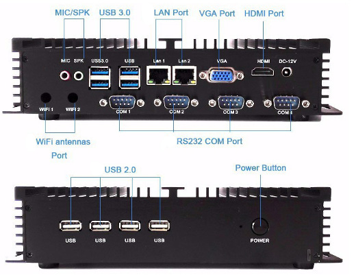 Przemysłowy Komputer Fanless MiniPC RS232 USB 3.0 COM LAN RJ-45 HDMI VGA Mini Komputer