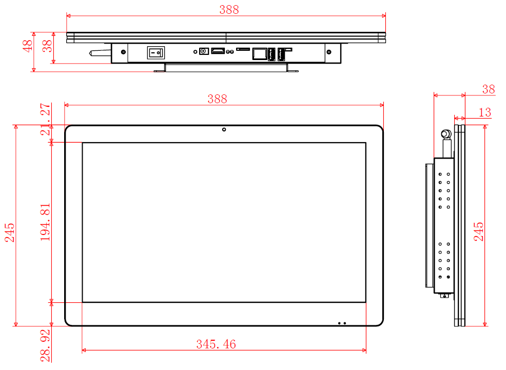 BiBOX-156PC1 - Industrial panel computer with 2xCOM, 2xUSB 3.0 product dimensions