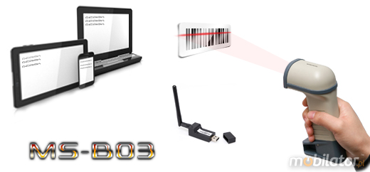 MobiScan Rugged Hand MSB03 Bluetooth 2.0  MOBISCAN MS-B03 Skaner 1D Laser Bezprzewodowy Bluetooth 2.0 Poręczny MobiSCAN IP44  Kompatybilny Windows Android  mobilator.pl New Portable Devices Mobilne Skanery kodów kreskowych