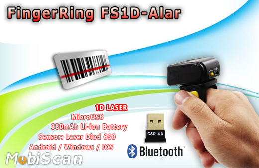 MobiScan FingerRing FS1D-Alar - mini skaner kodów kreskowych 1D Laser- Pierścionkowy - Bluetooth Skaner 1D Bezprzewodowy Bluetooth 3.0 Poręczny pieścień MobiSCAN  Kompatybilny Windows Android IOS mobilator.pl New Portable Devices Mobilne Skanery kodów kreskowych MINI