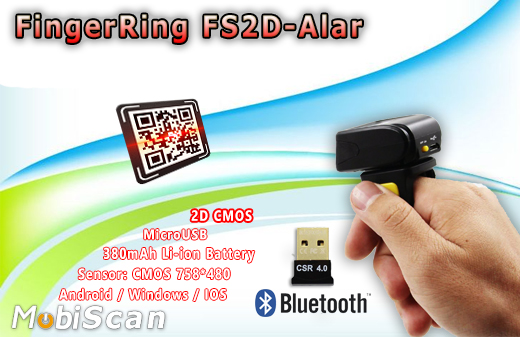 MobiScan FingerRing FS2D-Alar - mini skaner kodów kreskowych 2D CMOS- Pierścionkowy - Bluetooth Skaner 2D Bezprzewodowy Bluetooth 3.0 Poręczny pieścień MobiSCAN  Kompatybilny Windows Android IOS mobilator.pl New Portable Devices Mobilne Skanery kodów kreskowych MINI