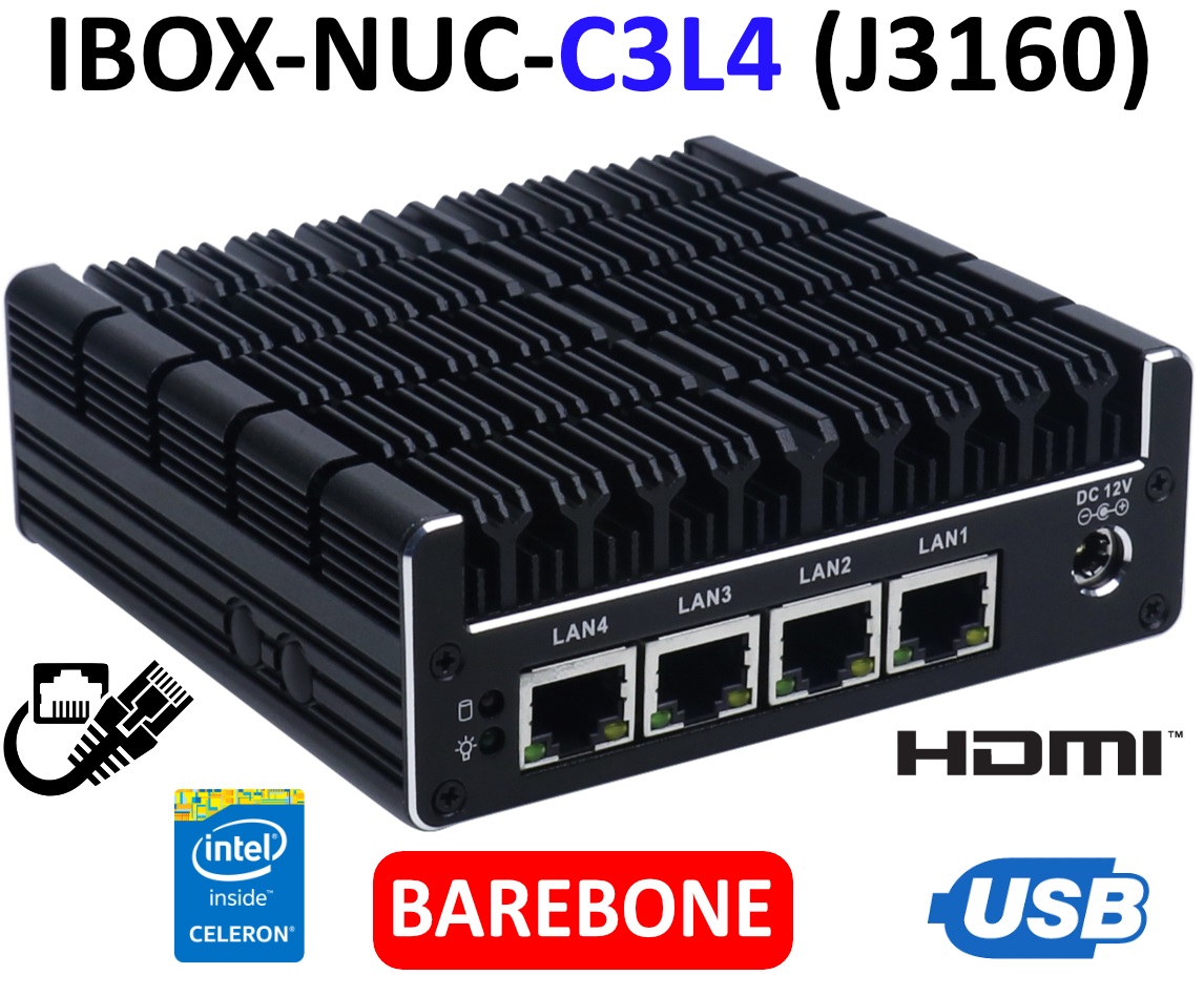 IBOX-NUC-C3L4 (J3160) - Fanless mini PC (4x LAN + 2x HDMI) with reinforced housing