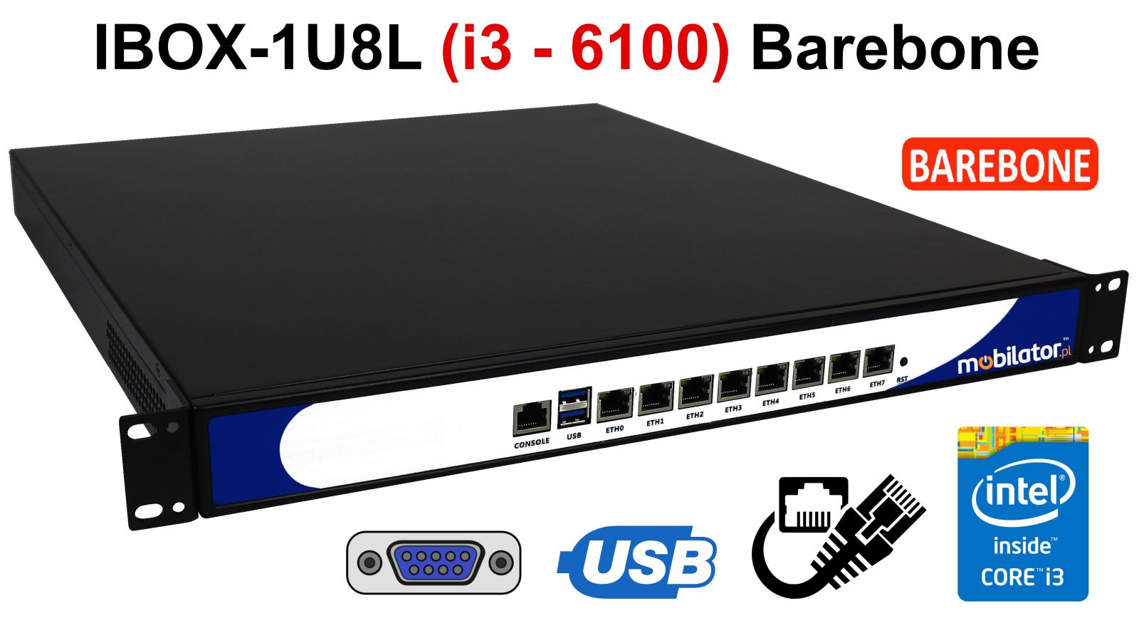 IBOX-1U8L -Nowoczesny komputer przemysłowy  fanless 8x LAN do szafy rakowej pasywny vga intel mobilator wzmocniony szybki 8 lan rj45