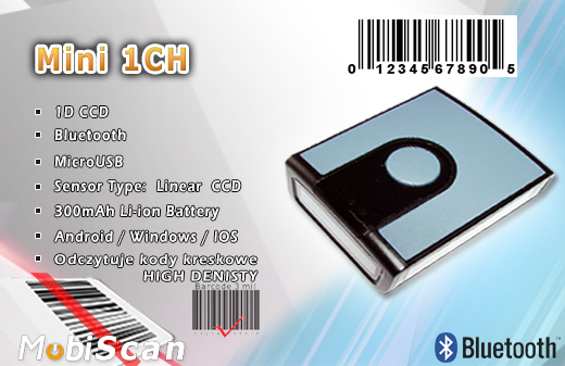 MobiScan MS-Mini 1 Bluetooth 3.0 MOBISCAN MINI1 Skaner 1D CCD Bezprzewodowy Bluetooth 3.0 Poręczny MobiSCAN  Kompatybilny Windows Android IOS mobilator.pl New Portable Devices Mobilne Skanery kodów kreskowych MINI