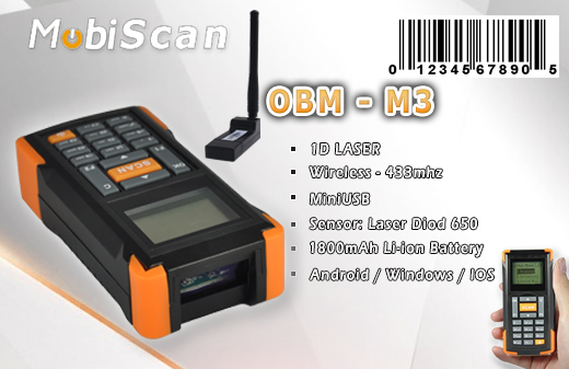 MobiScan  OBM-M3  Bluetooth MOBISCAN OBM-M3B Skaner 1D Laser Bezprzewodowy Bluetooth Poręczny MobiSCAN  Kompatybilny Windows Android IOS mobilator.pl New Portable Devices Mobilne Skanery kodów kreskowych MINI