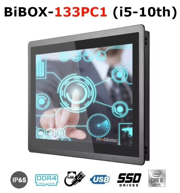 BiBOX-133PC1 (i5-10th) Przemysłowy komputer panelowy PanelPC z nowoczesnym procesorem i5-10210U normą odporności IP65 na ekran (1xLAN, 4xUSB)