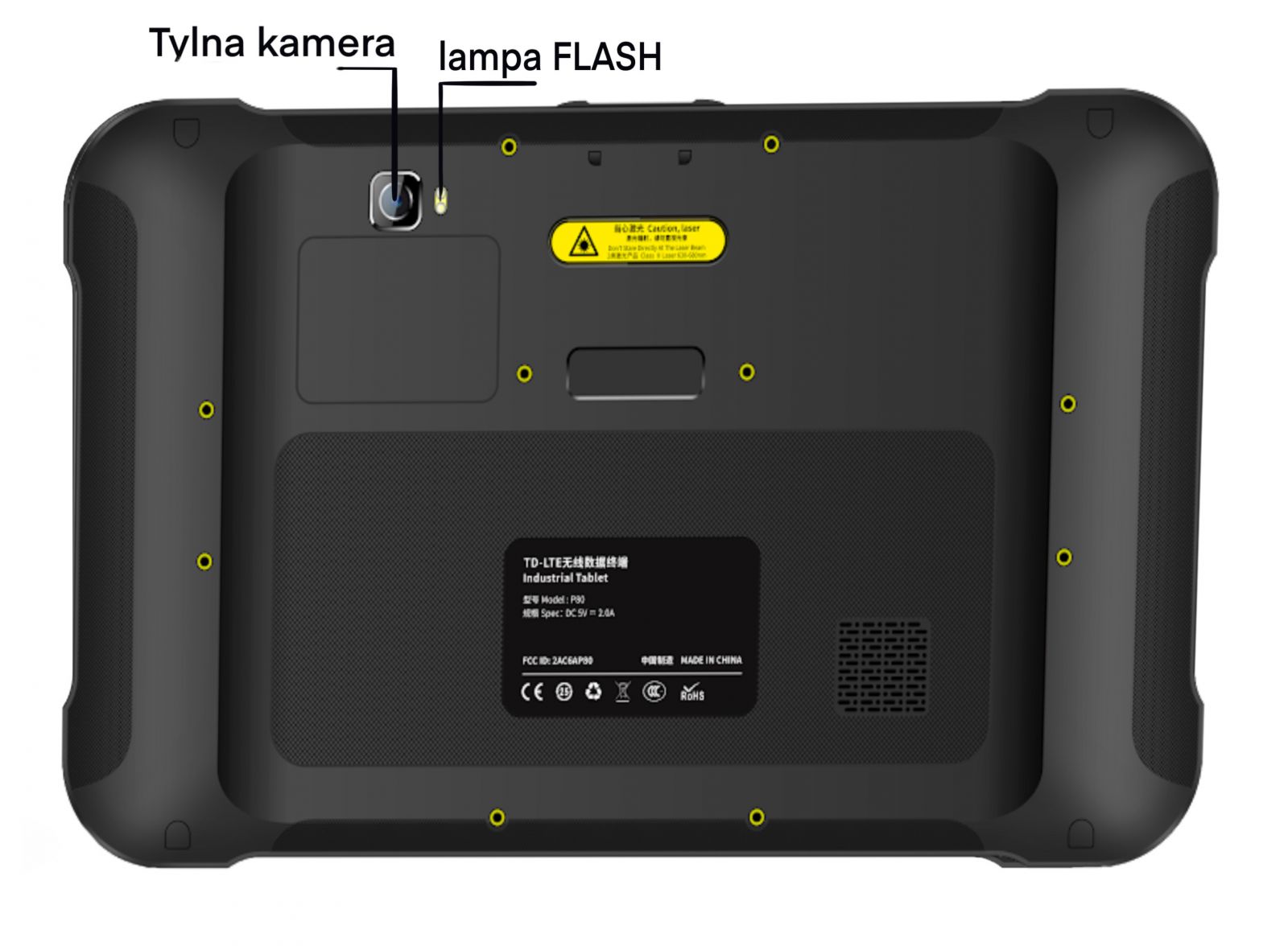  tablet przemysłowy wzmocniony widok z tyłu kamera lampa FLASH, Tył tabletu P80-PE