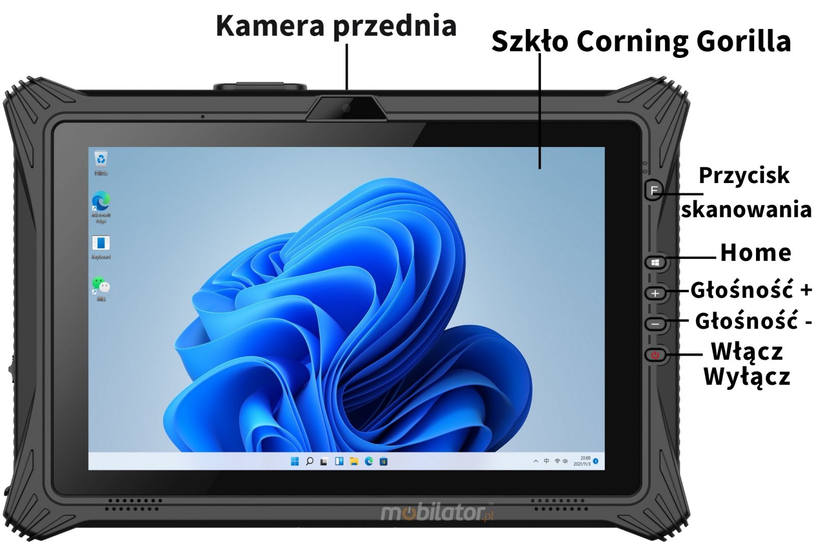 Emdoor I10A przednia kamera i przyciski skanowania (dla wersji ze skanerem 2D), głośności, przycisk Home oraz włącznik