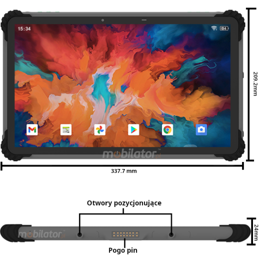 Rozpisane przyciski i wymiary tabletu MobiPad T1300R-2