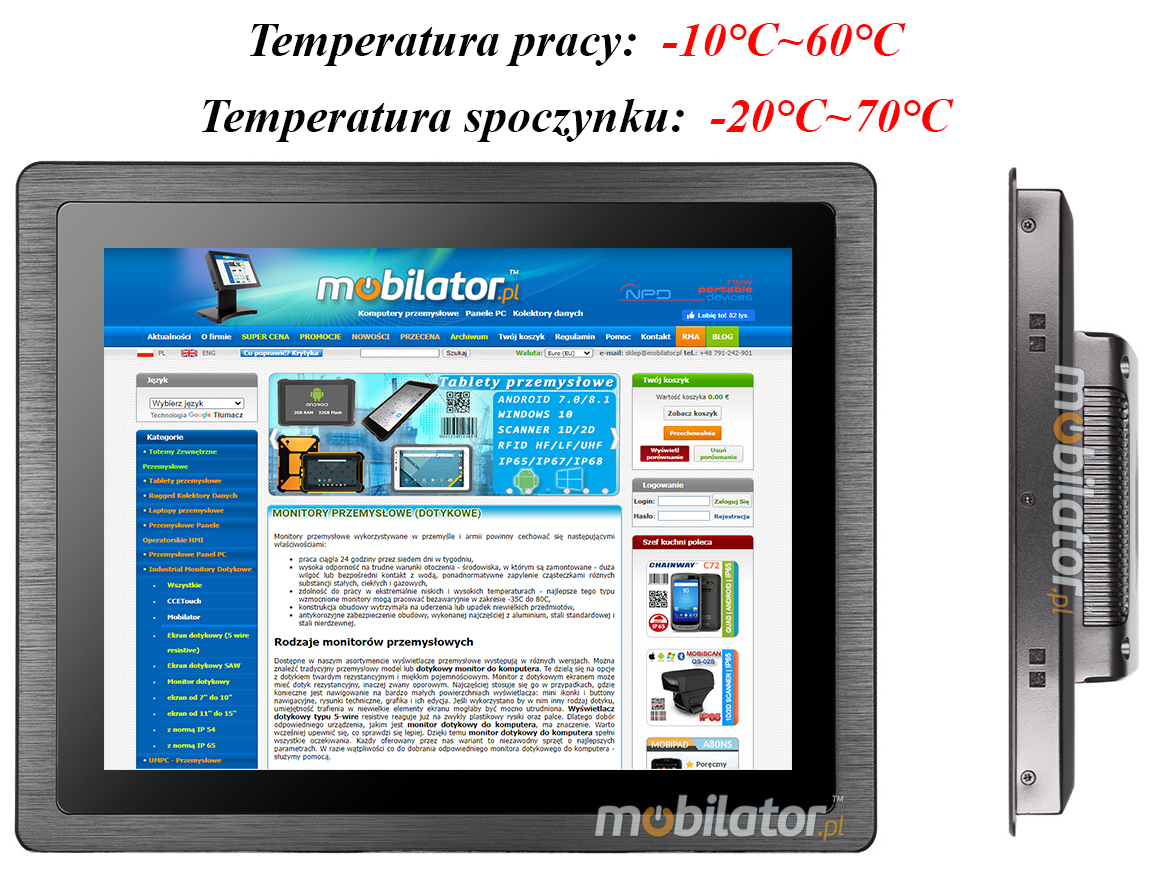 MoTouch 12 v.1 - TFT LCD Wzmocniony przemysłowy Monitor dotykowy 12 cali - z normą IP65 na przednią część obudowy HDMI VGA DVI AUDIO odporny na niskie i wysokie temperatury