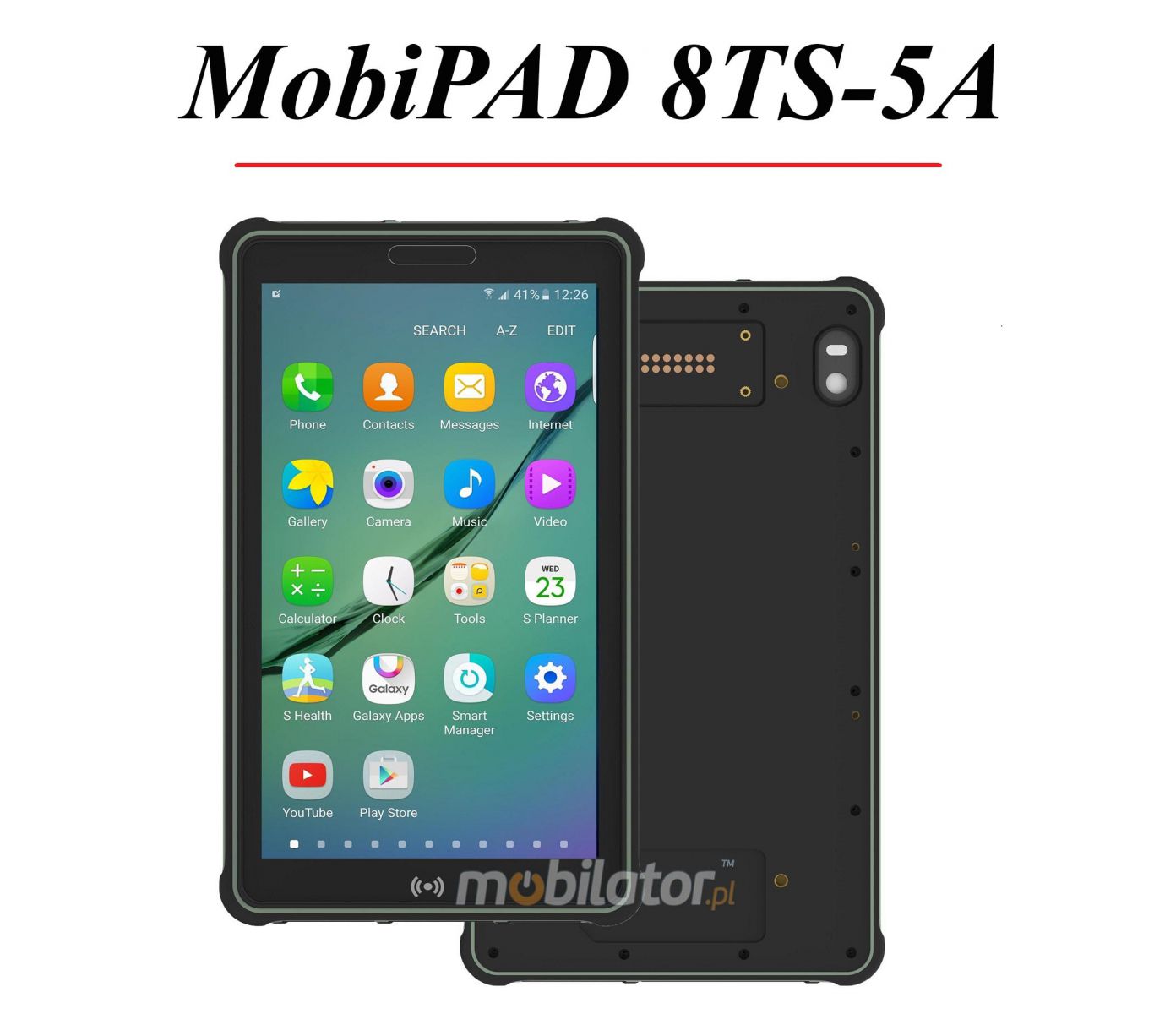 MobiPAD 8TS-5A - Rugged armored tablet with UHF RFID (3-4m), high precision GPS, NFC, Android 11, full HD 8 inch 1920x1200 touchscreen, 400 nits brightness, 8x2.0GHz processor, IP65 standard, LTE, WiFi, Bluetooth, water, dust and drop resistant, ideal for construction sites and warehouses