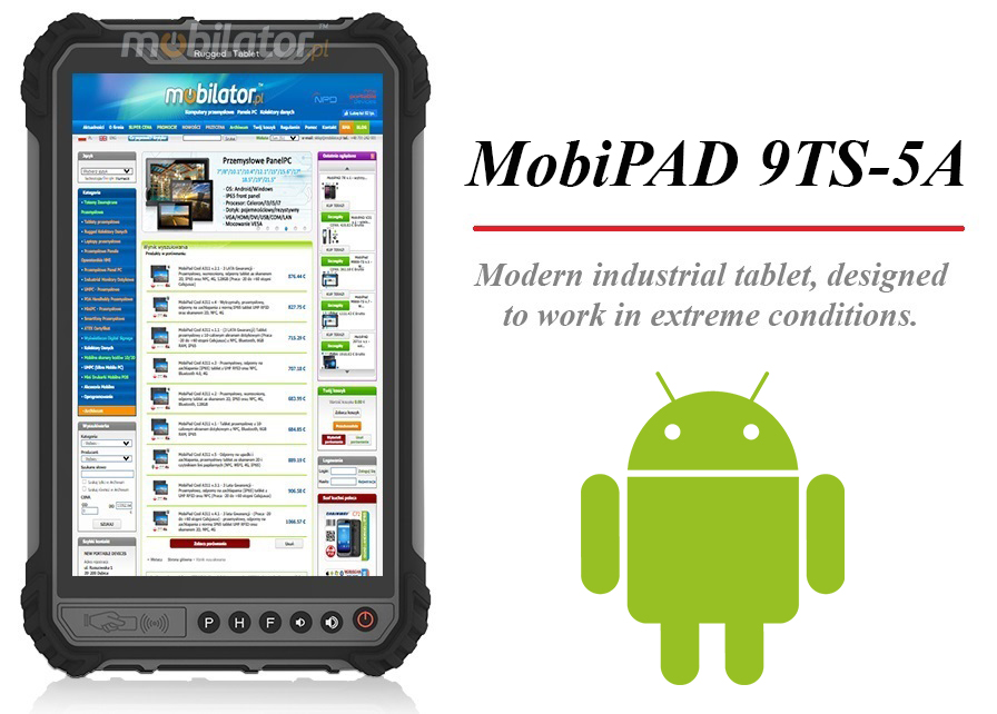 MobiPAD 9TS-5A - rugged industrial tablet with UHF RFID (3-4m), 8-inch 400 nits touchscreen, Android 11, 8-core 2.0GHz processor, 4GB RAM, 64GB ROM, IP65, shockproof, WiFi, Bluetooth, GPS, 4G LTE