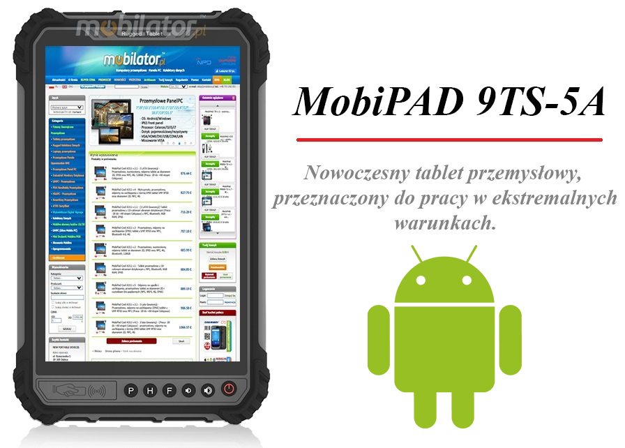 MobiPAD 9TS-5A - wytrzymały tablet przemysłowy z UHF RFID (3-4m), 8-calowy ekran dotykowy 400 nits, Android 11, procesor 8-rdzeniowy 2.0GHz, 4GB RAM, 64GB ROM, IP65, odporny na wstrząsy, WiFi, Bluetooth, GPS, 4G LTE
