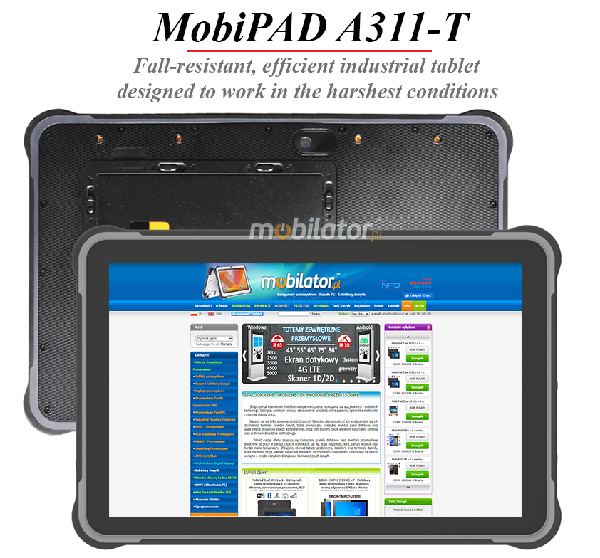 MobiPAD A311-T - versatile industrial tablet with Android 10, 10.1-inch touchscreen 1920x1200, 450 nits, 8-core 2.0GHz processor, 8GB RAM, 256GB ROM, UHF RFID module (3-4m), NFC, 5G and 4G LTE connectivity, Bluetooth 5.0, USB 3.0, 5mpx/13mpx cameras, WiFi, RJ45