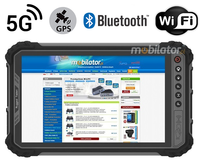 MobiPAD TS9T - wszechstronny tablet dla przemysłu z NFC, UHF RFID (3-4m), Skanerem 2D Newland N1, Wysokiej precyzji GPS i czytnikiem linii papilarnych, norma IP65, wodoodporny i pyłoodporny, 8GB RAM, 256GB ROM, Android 10, 8-calowy ekran 1920x1200, 5G, 4G LTE