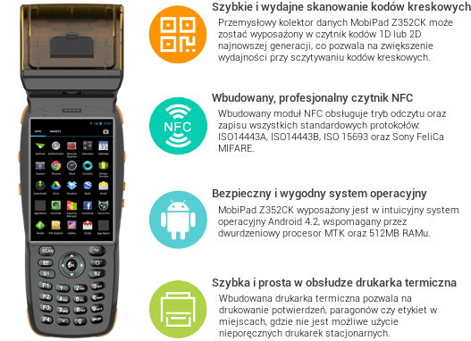 wodoodporny kolektor danych przemysłowy smartfon przmeysłowy drukarka termiczna nfc rfid skaner kodów kreskowych profesjonalny wytrzymały android wifi bluetooth ip65
