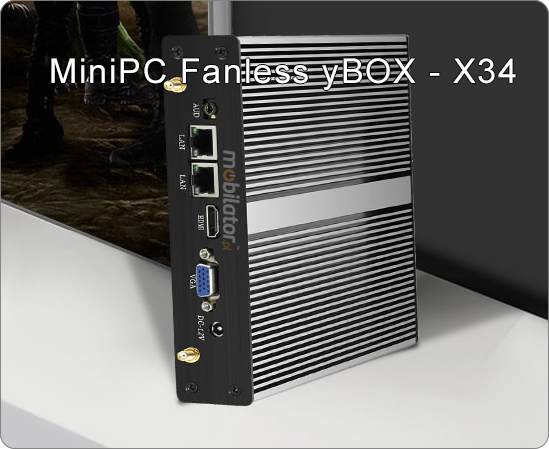 miniPC yBOX X34 (2x LAN, 2x COM) - wzmocniony mini komputer przemysłowy z chłodzeniem pasywnym do sterowania procesami produkcyjnymi pasywny vga intel mobilator wzmocniony szybki lan rj45