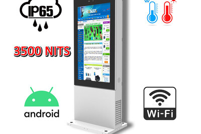 Totem zewnętrzny informacyjno -reklamowy Gablota zewnętrzna odporna na deszcz i mróz Infokiosk z normą odporności IP65  NoMobi Trex Hi55