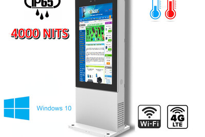 totem zewnętrzny Odporny wyświetlacz reklamowy Totem zewnętrzny o wzmocnionej konstrukcji  75-calowym wyświetlaczem NoMobi Trex Hi75W